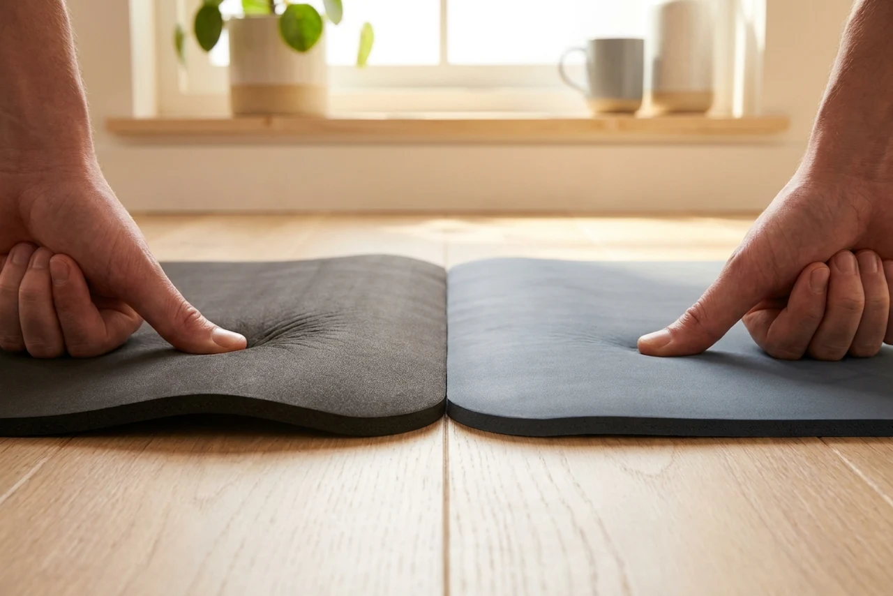Two mats of identical thickness side by side, a finger sinking deep into the left one while the right barely yields