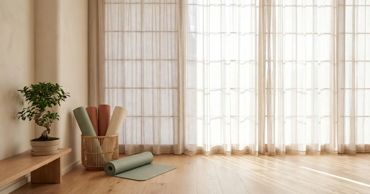 A few rolled yoga mats in muted sage, clay and cream tones beside one partly unrolled mat on a warm wooden studio floor