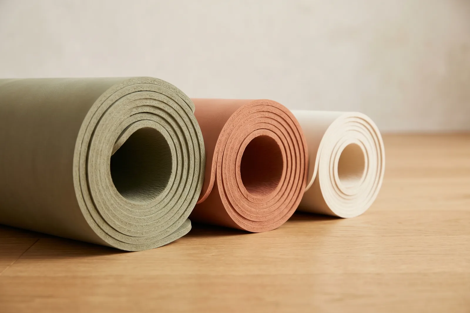 Three rolled yoga mats in sage, clay and cream showing clearly different thicknesses, side by side on a wooden floor