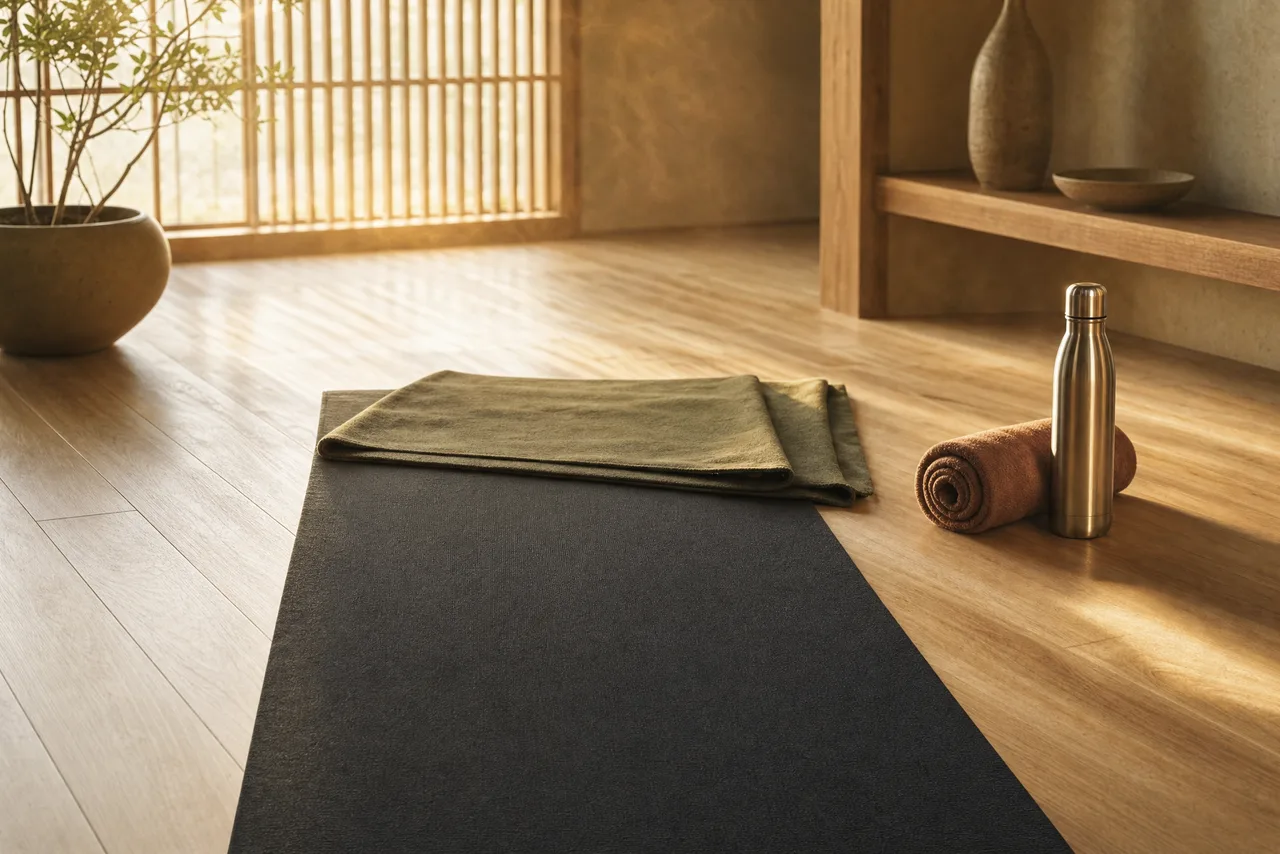 A grippy dark yoga mat with a folded sweat towel and a steel water bottle in a warm, light-filled studio