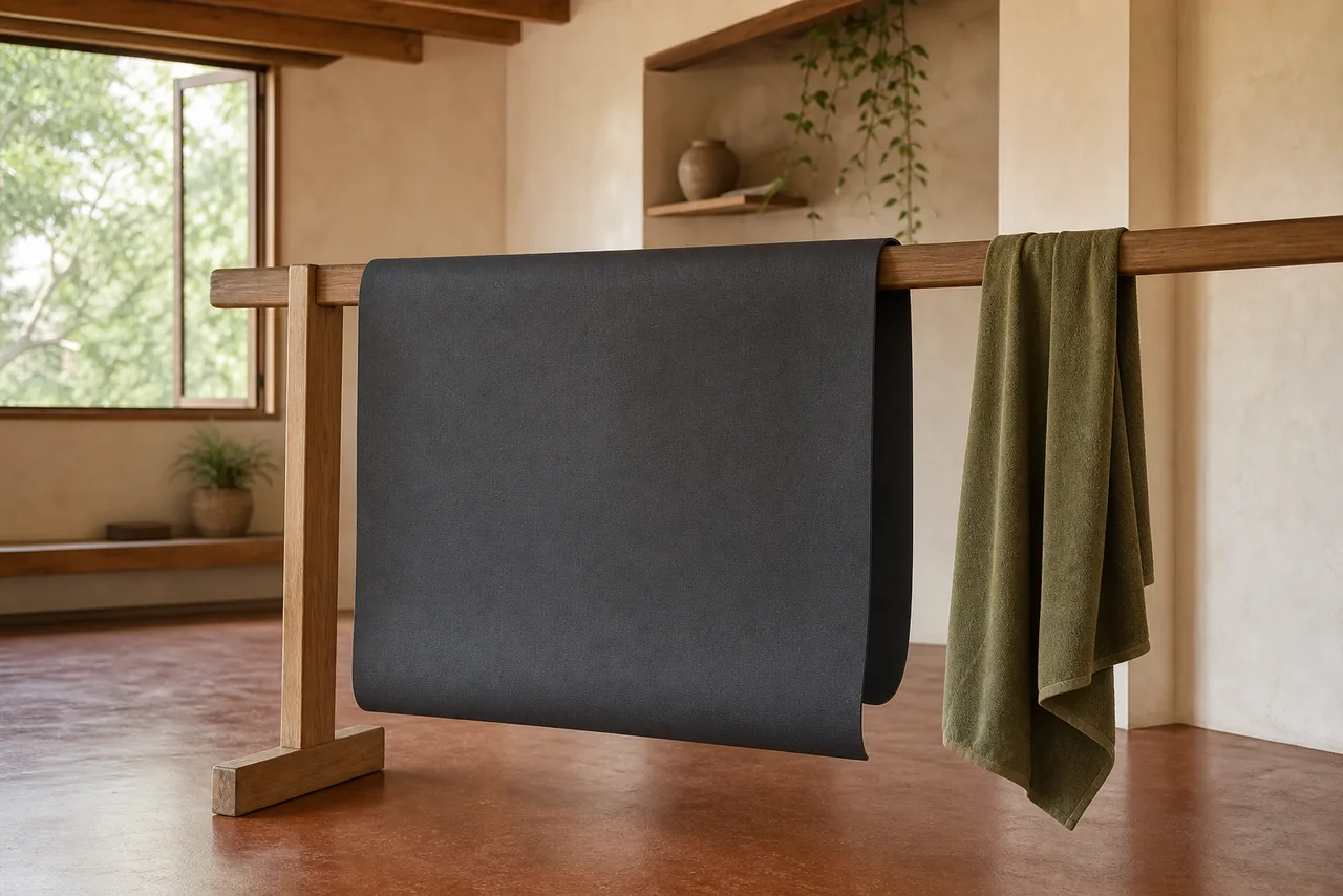 An unbranded dark yoga mat and olive microfiber towel hanging separately over a broad wooden drying rail beside an open window