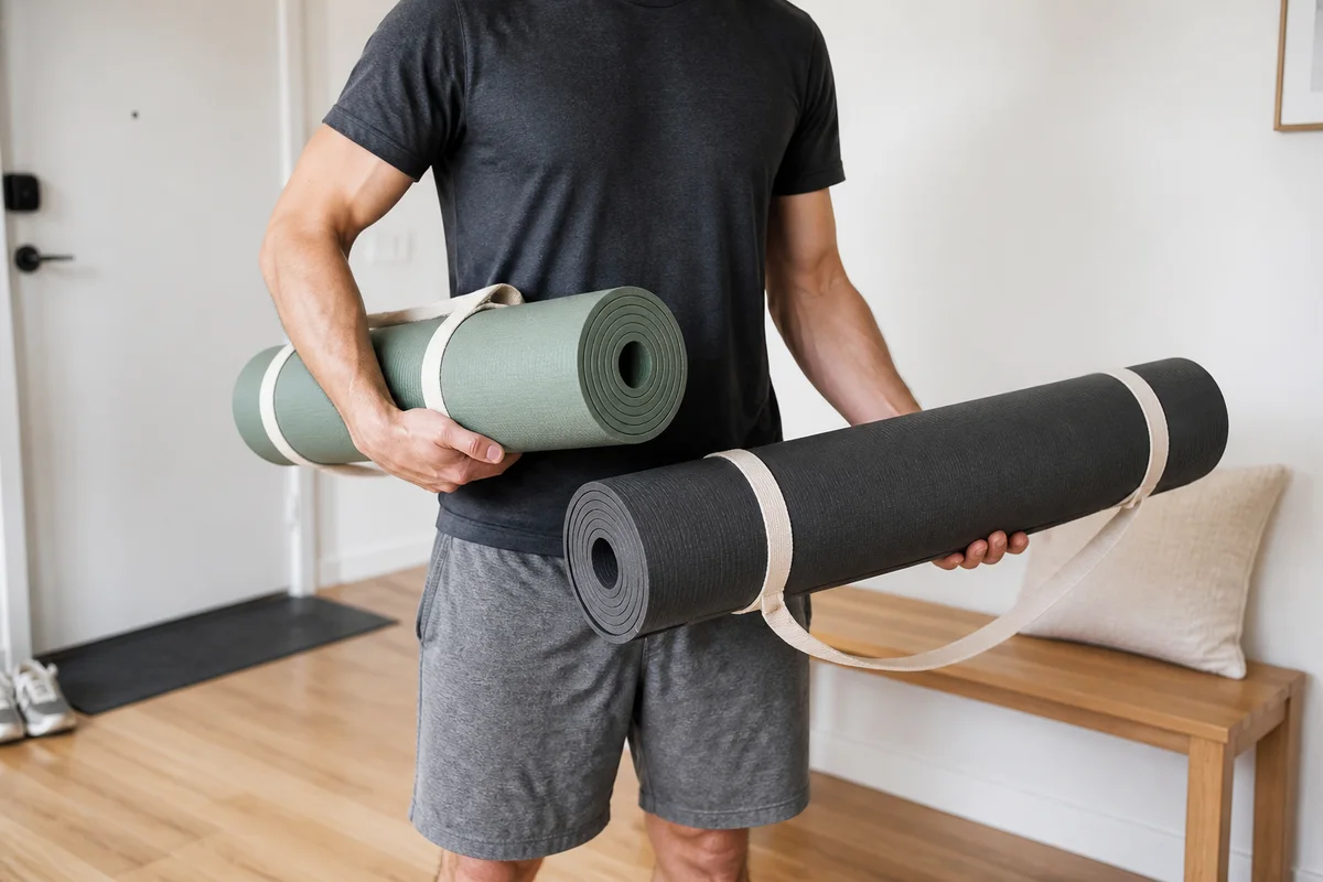Adult carrying a slimmer sage yoga mat under one arm and supporting a larger dense charcoal mat with both hands