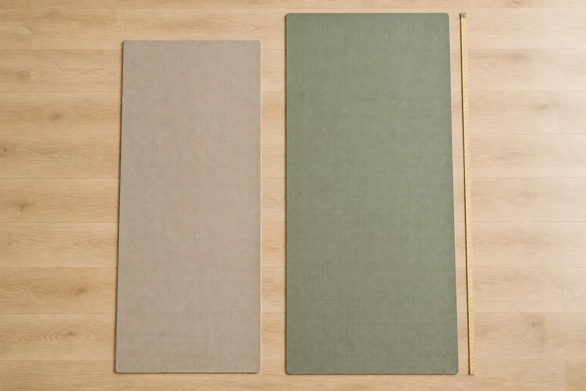 Top-down view of a standard stone yoga mat beside a visibly longer and wider sage mat with a wooden measuring tape