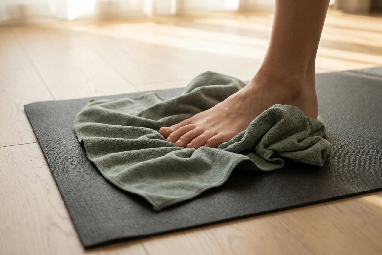 A yoga towel rucked and bunched into folds under a bare foot on a mat instead of lying flat