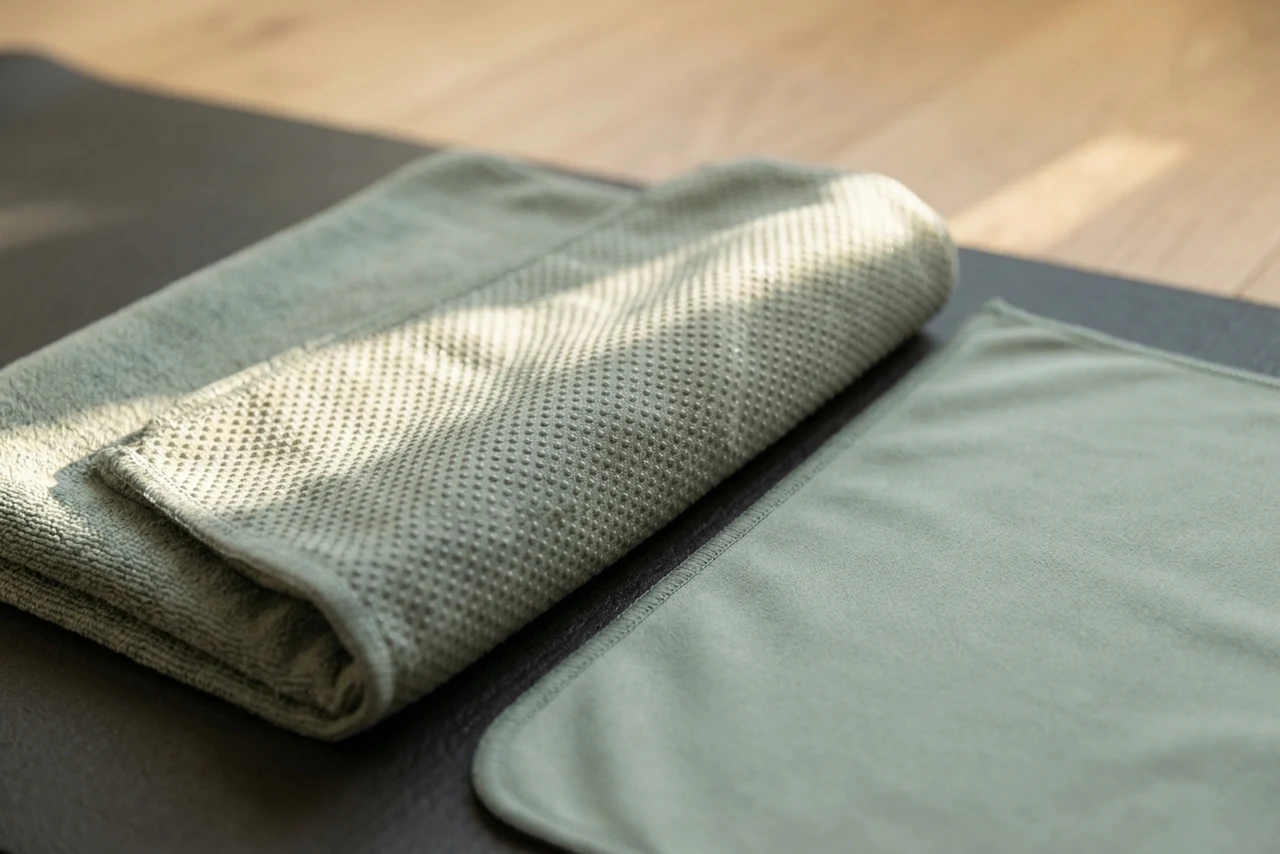 Close-up of the underside of a yoga towel folded back to show silicone grip dots, beside the smooth plain underside of a second towel