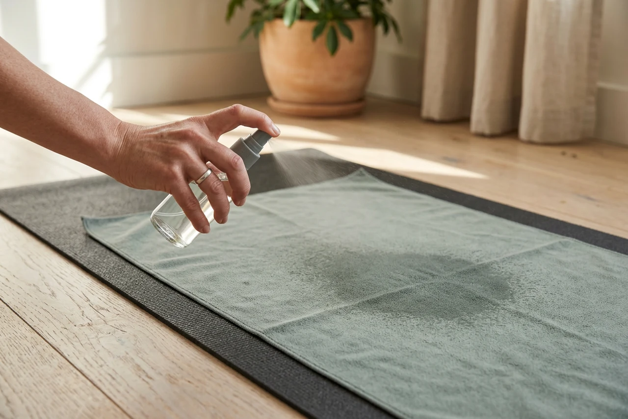 A hand misting water from a plain spray bottle onto a microfibre yoga towel laid over a mat, leaving a visible damp patch