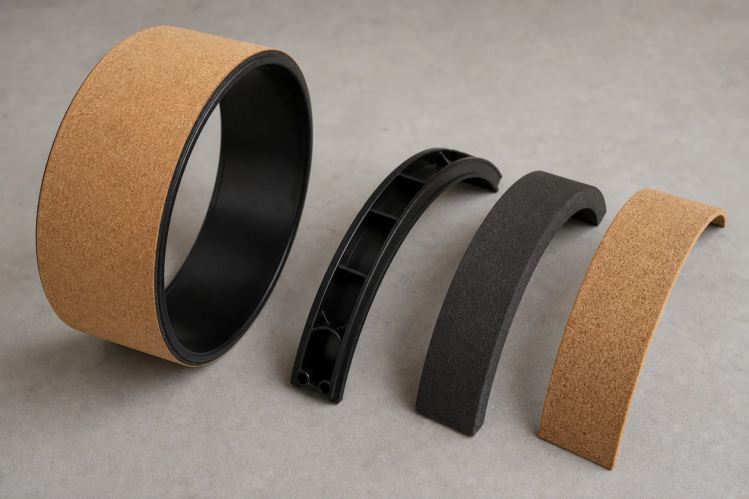 Studio photograph of a complete cork yoga wheel beside separate curved samples representing a rigid ABS core, foam padding and cork surface