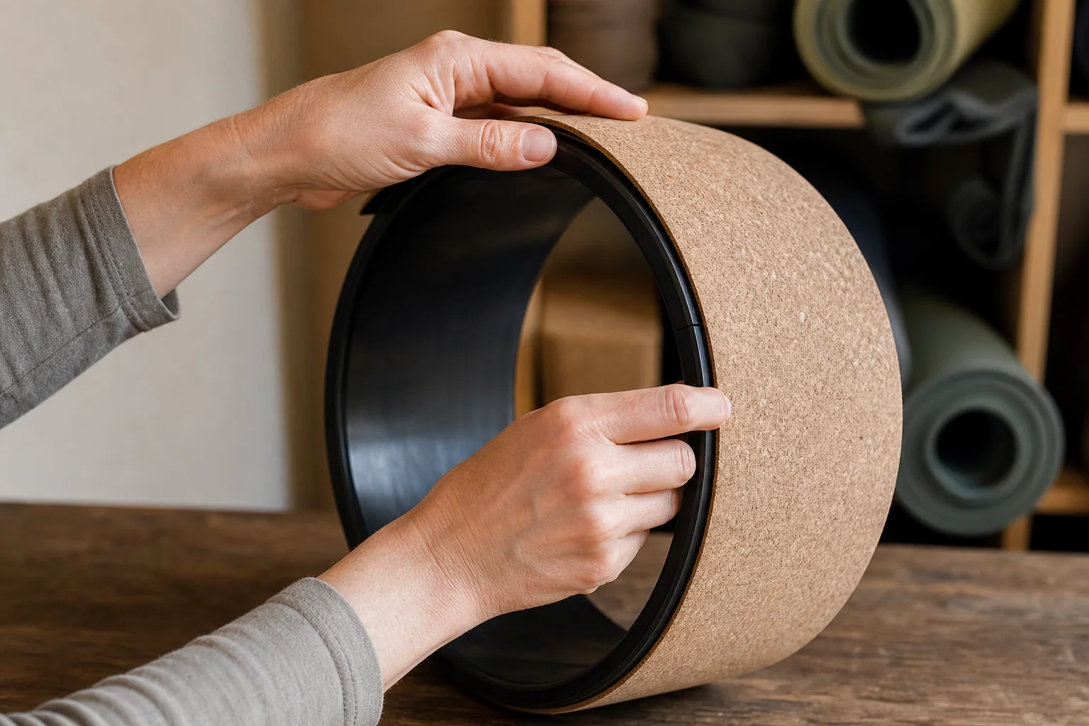 Close photograph of two hands checking a lifted cork edge and the rigid inner rim of an unbranded yoga wheel for separation or cracking