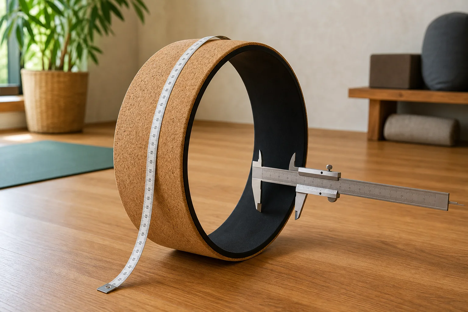 Photograph of an upright cork yoga wheel with a flexible tape following its outside diameter and a caliper showing its width