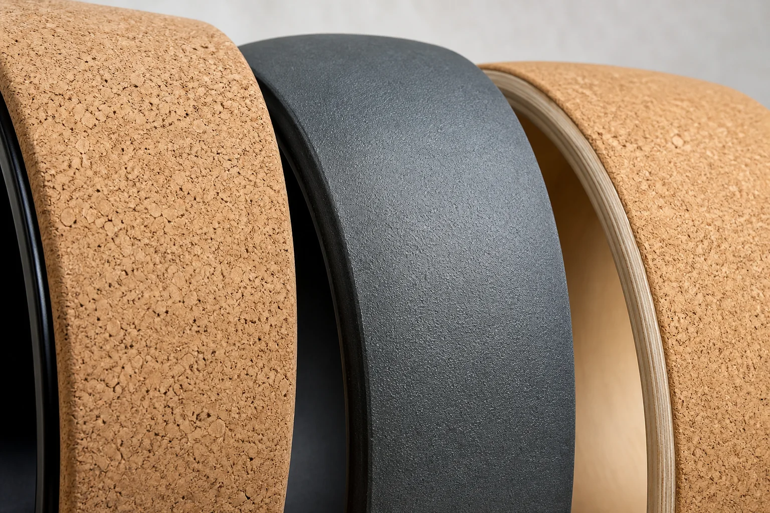 Macro photograph comparing natural cork, dark closed-cell foam and cork bonded over a laminated wood yoga wheel core