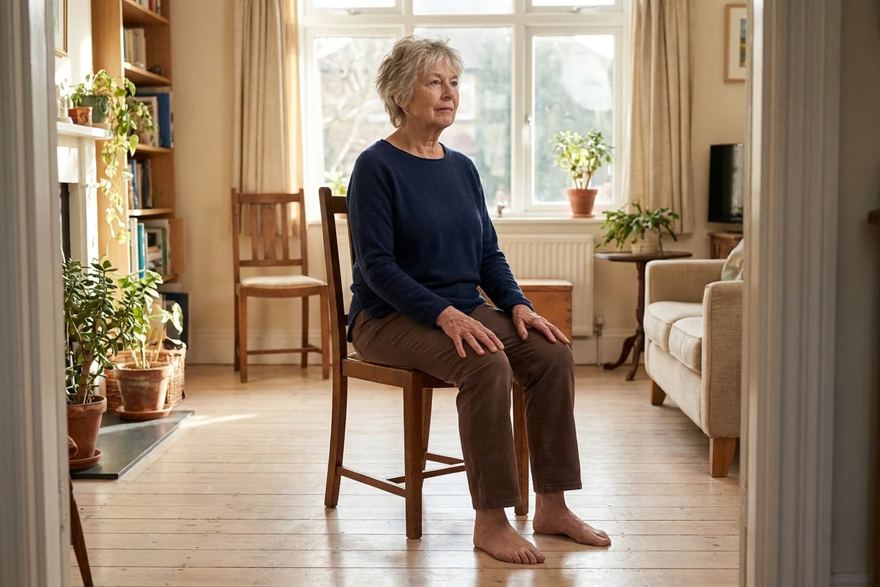 An older woman sitting tall and upright on a wooden dining chair in her living room, feet flat on the floor and hands resting on her thighs