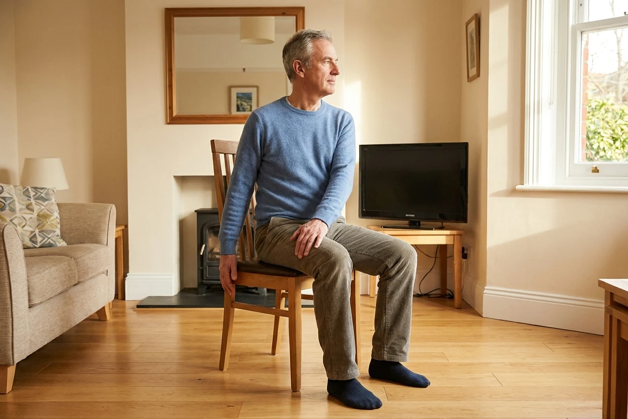 An older man sitting tall on a wooden dining chair with both feet flat on the floor, turning gently to one side with one hand on the opposite knee and the other resting lightly on the chair seat