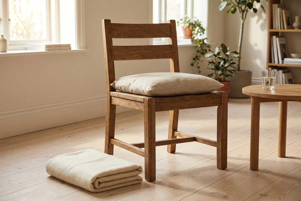 A wooden dining chair with a cushion on the seat, a folded blanket on the floor in front of it, and a glass of water on a side table