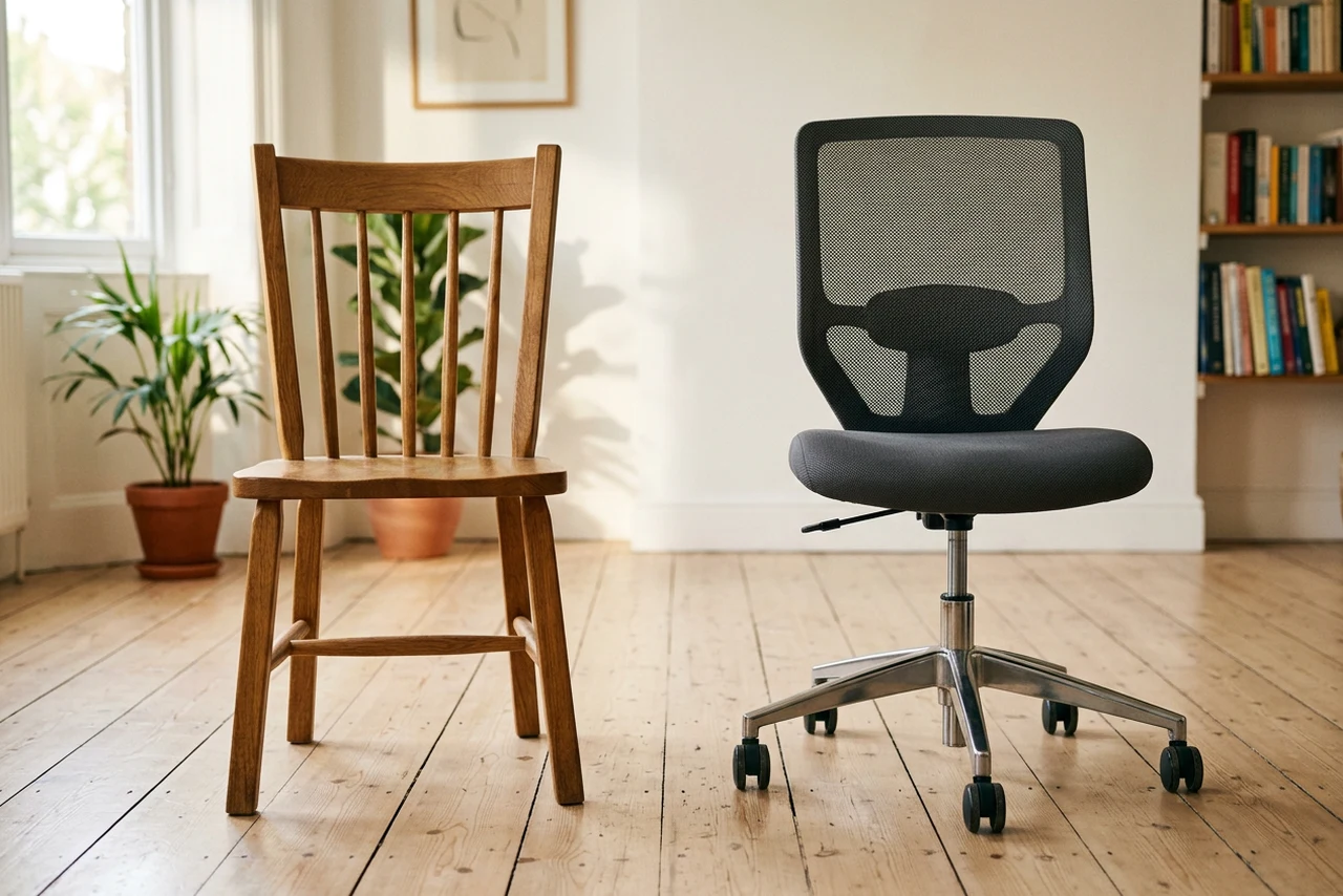 A solid wooden dining chair with four fixed legs beside a wheeled office chair with a swivel base, photographed side by side