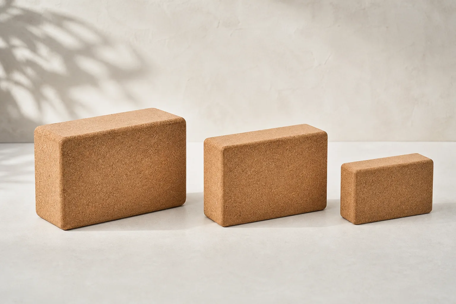 Three unbranded cork yoga blocks in standard, slim and compact proportions on a neutral studio surface