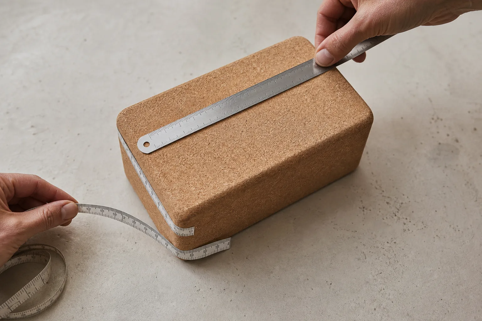 Hands measuring the length, width and thickness of an unbranded cork yoga block with a ruler and tape