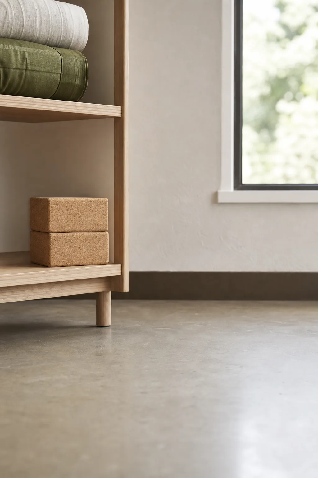Two clean cork yoga blocks stacked on a dry low shelf in a bright neutral equipment room
