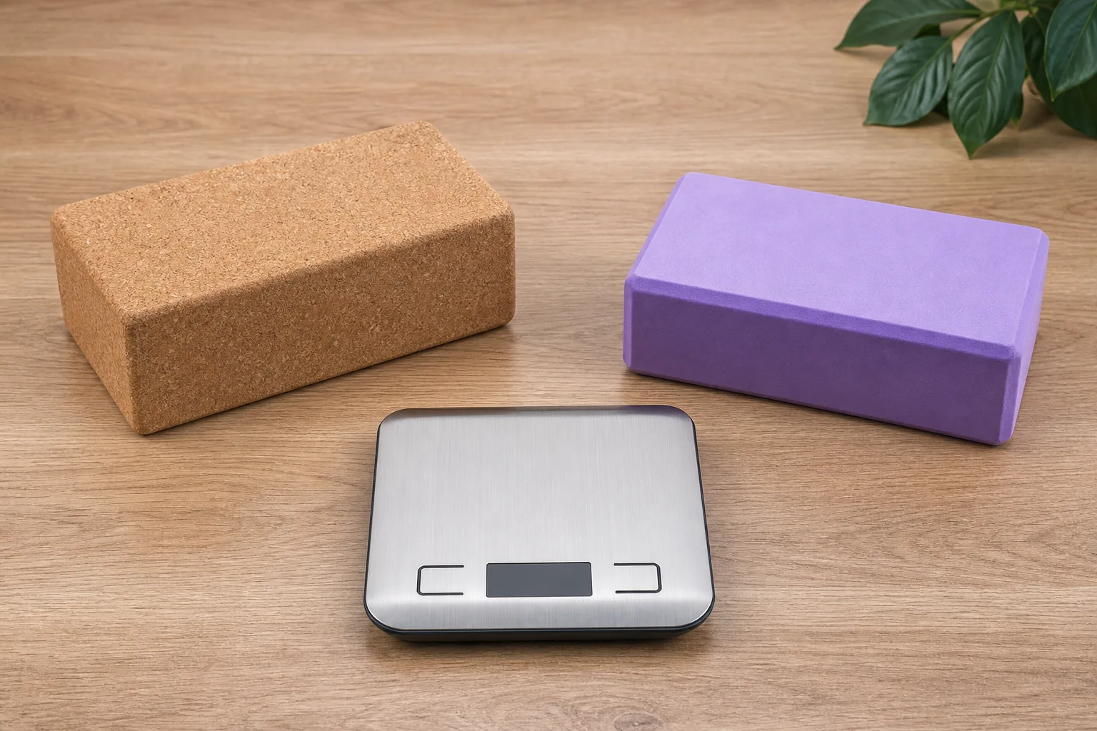 One cork block and one foam block positioned separately beside a digital scale with a blank display