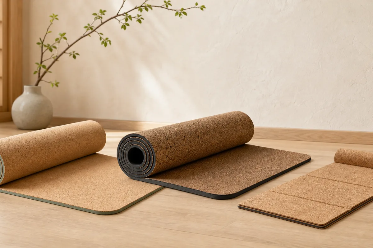 Three generic cork yoga mats showing light foam backing, substantial dark rubber backing and a thin foldable travel construction