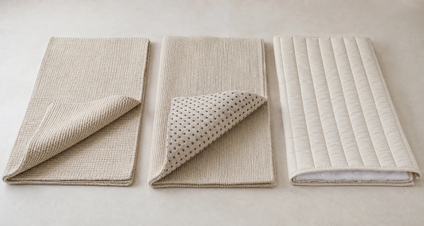 Studio photograph of three cotton mat constructions: an unbacked reversible weave, a cotton mat with rubber anti-slip dots, and a quilted padded cotton mat