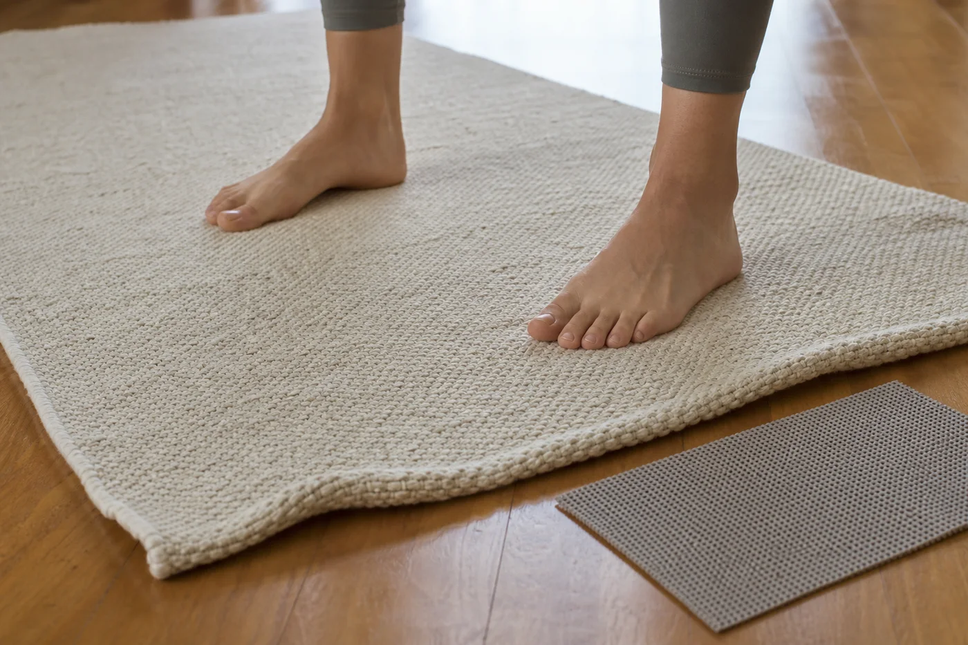 Bare feet standing on a woven cotton mat whose edge bunches slightly on polished wood, with a separate perforated anti-slip underlay beside it