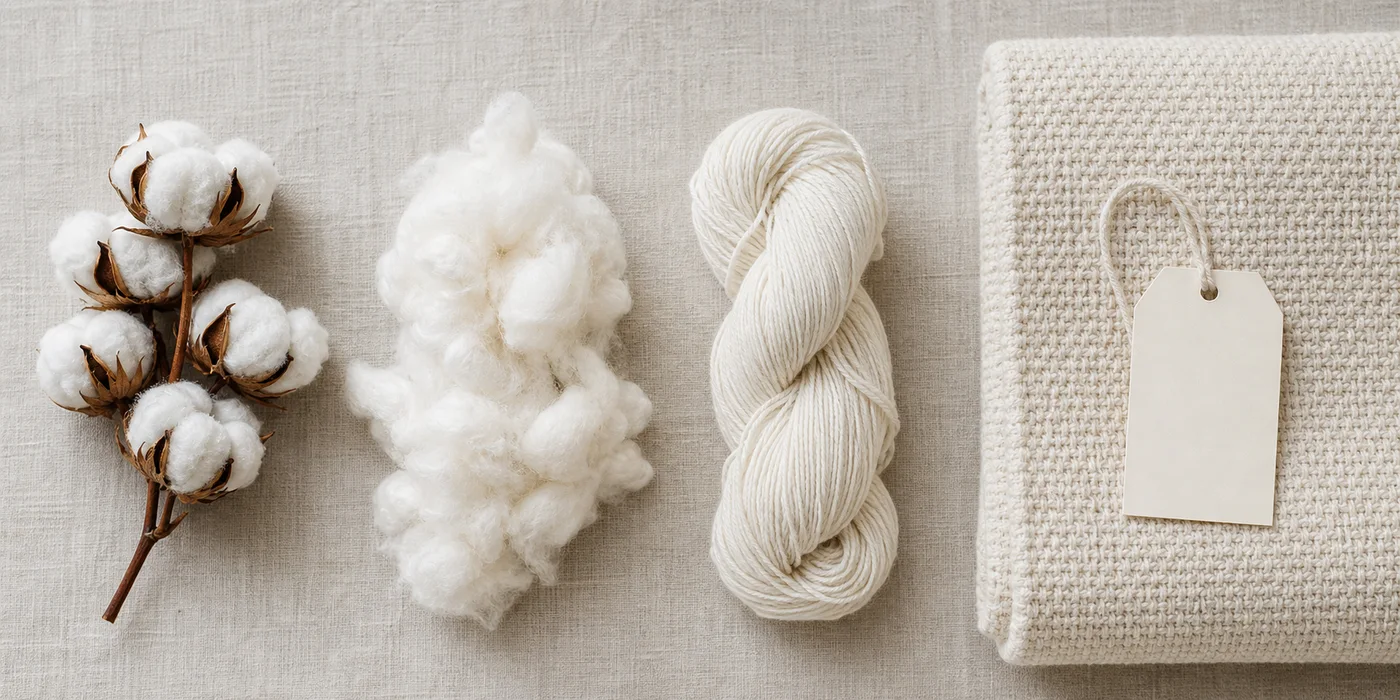 Material flat lay progressing from cotton bolls to combed fiber, spun yarn and a woven cotton mat with a blank product tag