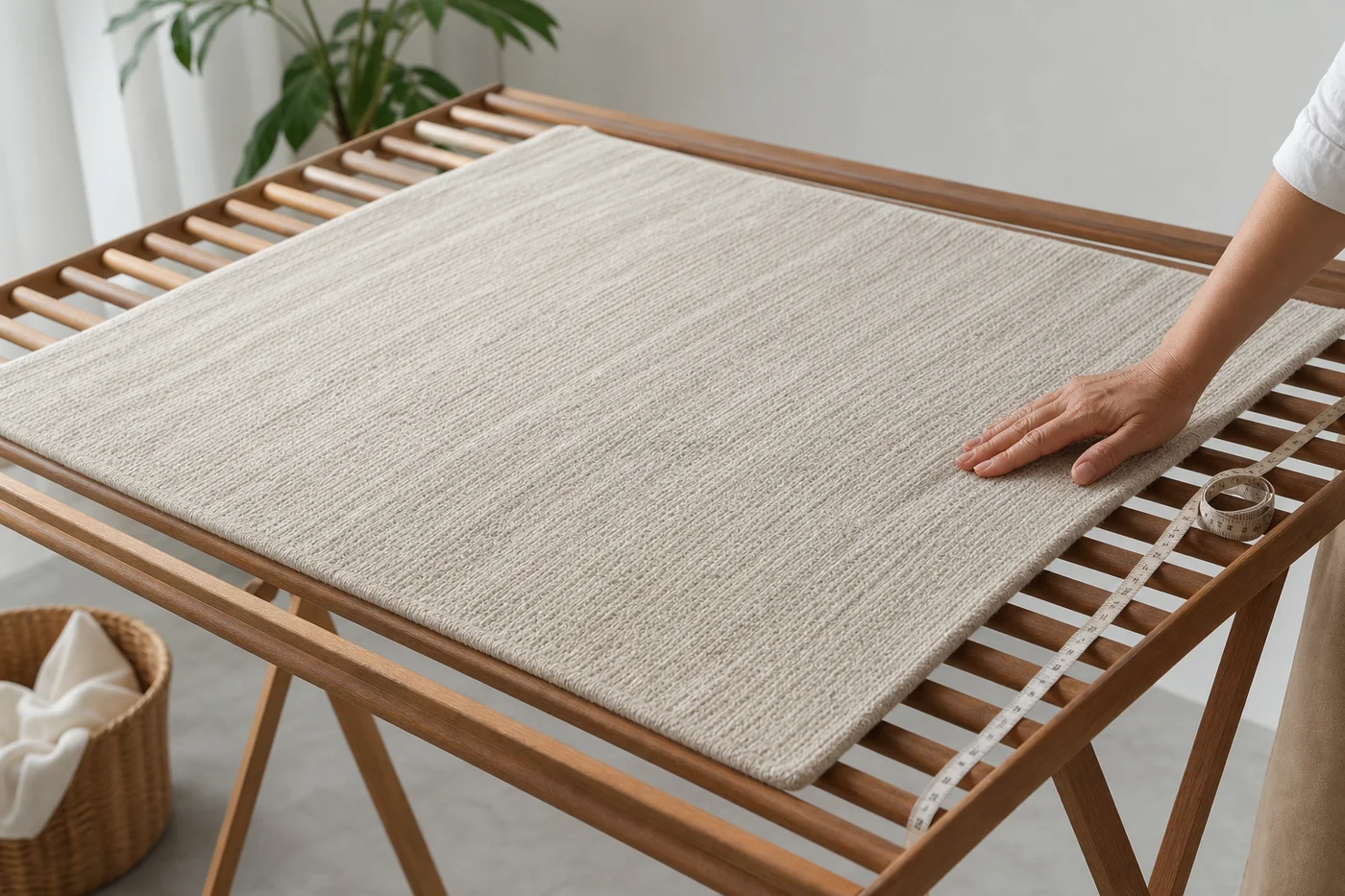 Woven cotton yoga mat reshaped flat on a wooden drying rack while a hand smooths its edge and a measuring tape rests nearby