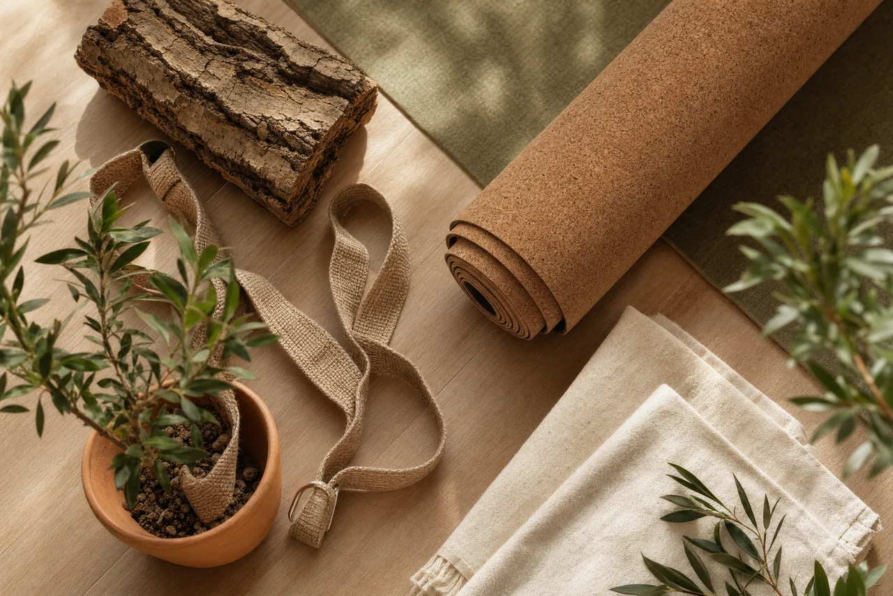 An earthy flat-lay of a rolled cork yoga mat, raw cork bark, a jute strap and a potted plant