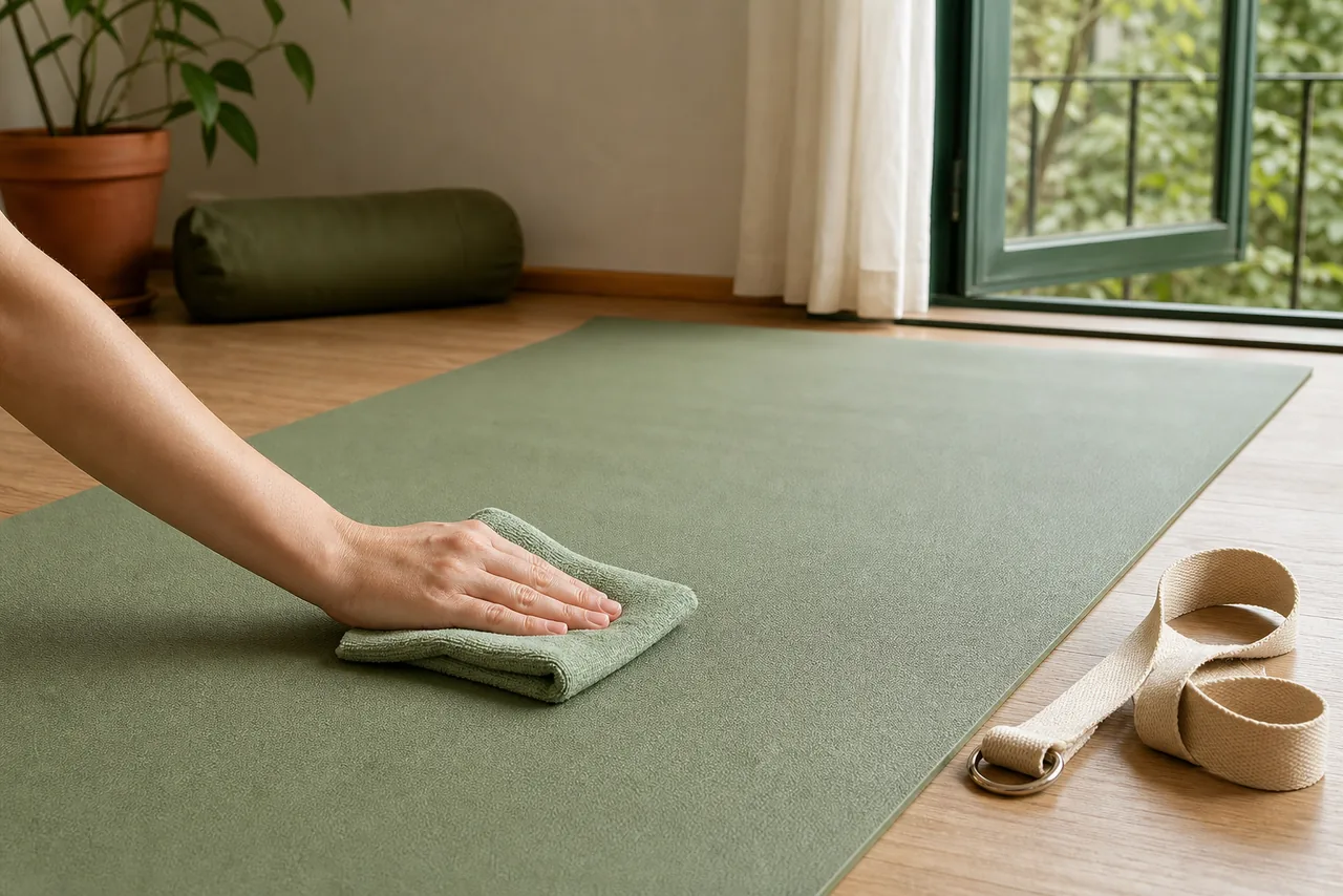An unbranded sage yoga mat being wiped gently with a damp microfiber cloth beside an open window and a loose cotton strap