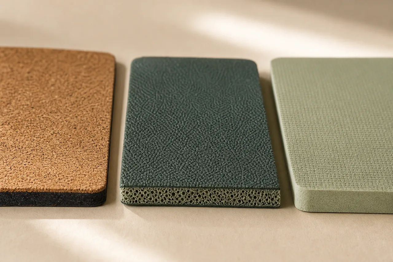 Close-up of three unbranded yoga mat samples showing a cork top and dark backing, a textured rubber-like surface and a light foam construction