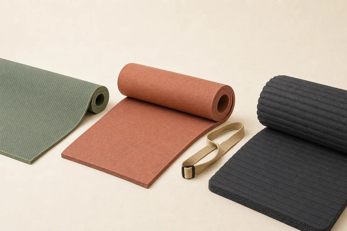 Three generic EVA yoga mats showing a slim sage crosshatched mat, a medium clay foam mat and a thick charcoal channeled mat