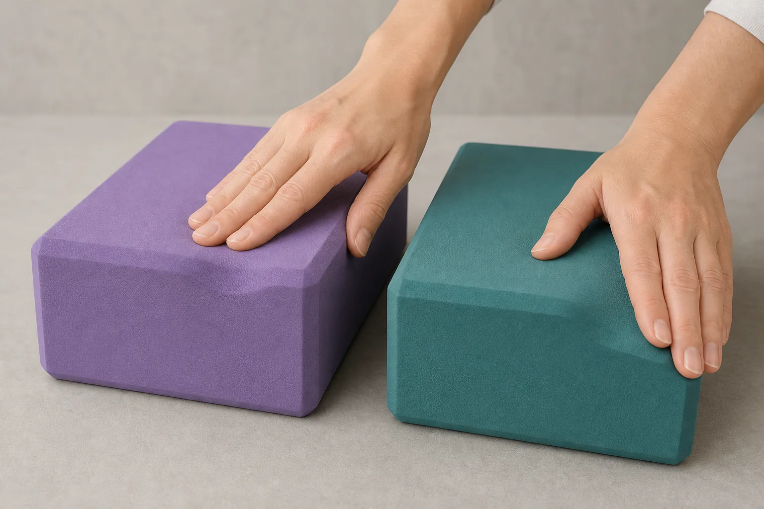 Two hands gently pressing the broad faces of two unbranded foam blocks to compare visible compression