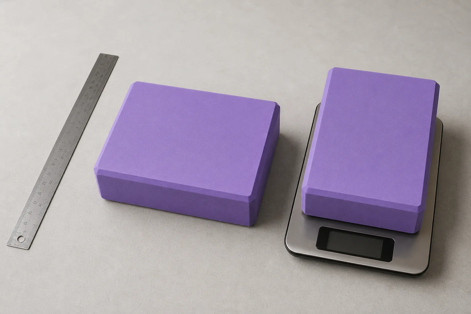 Unbranded foam yoga blocks beside a steel ruler and on a digital scale with a blank display