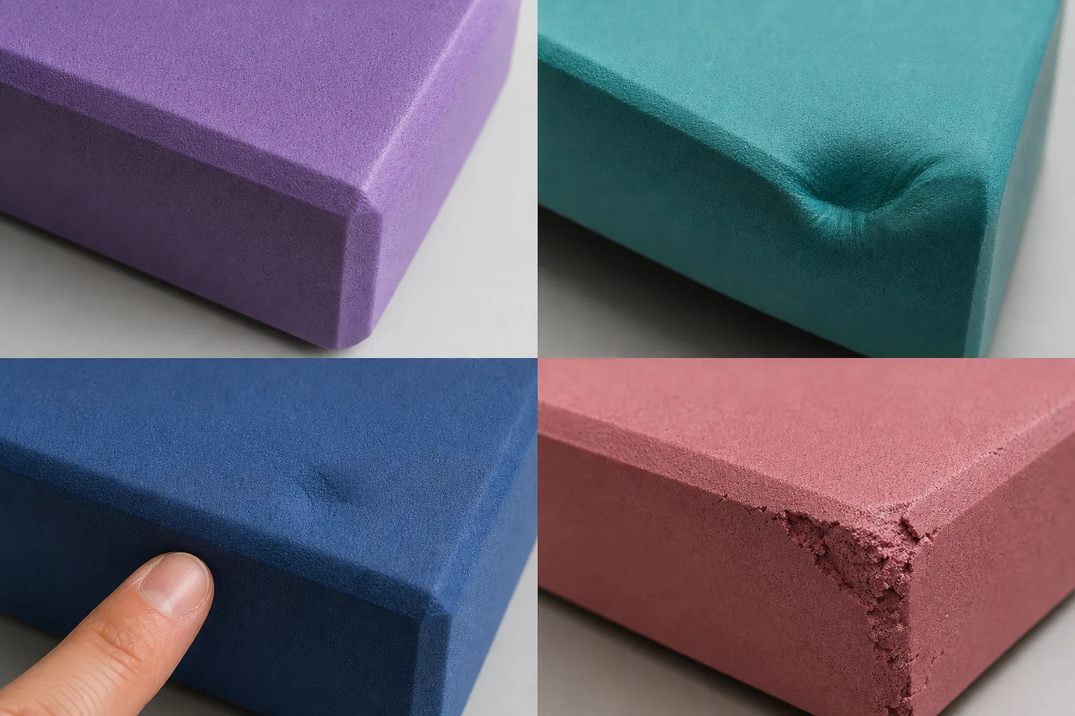 Close-up comparison of intact foam, a compressed corner, a shallow dent and a crumbling damaged edge