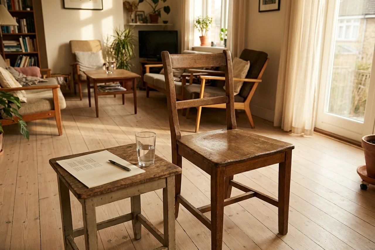 A sturdy wooden dining chair beside a small table with a printed chart, a pen and a glass of water