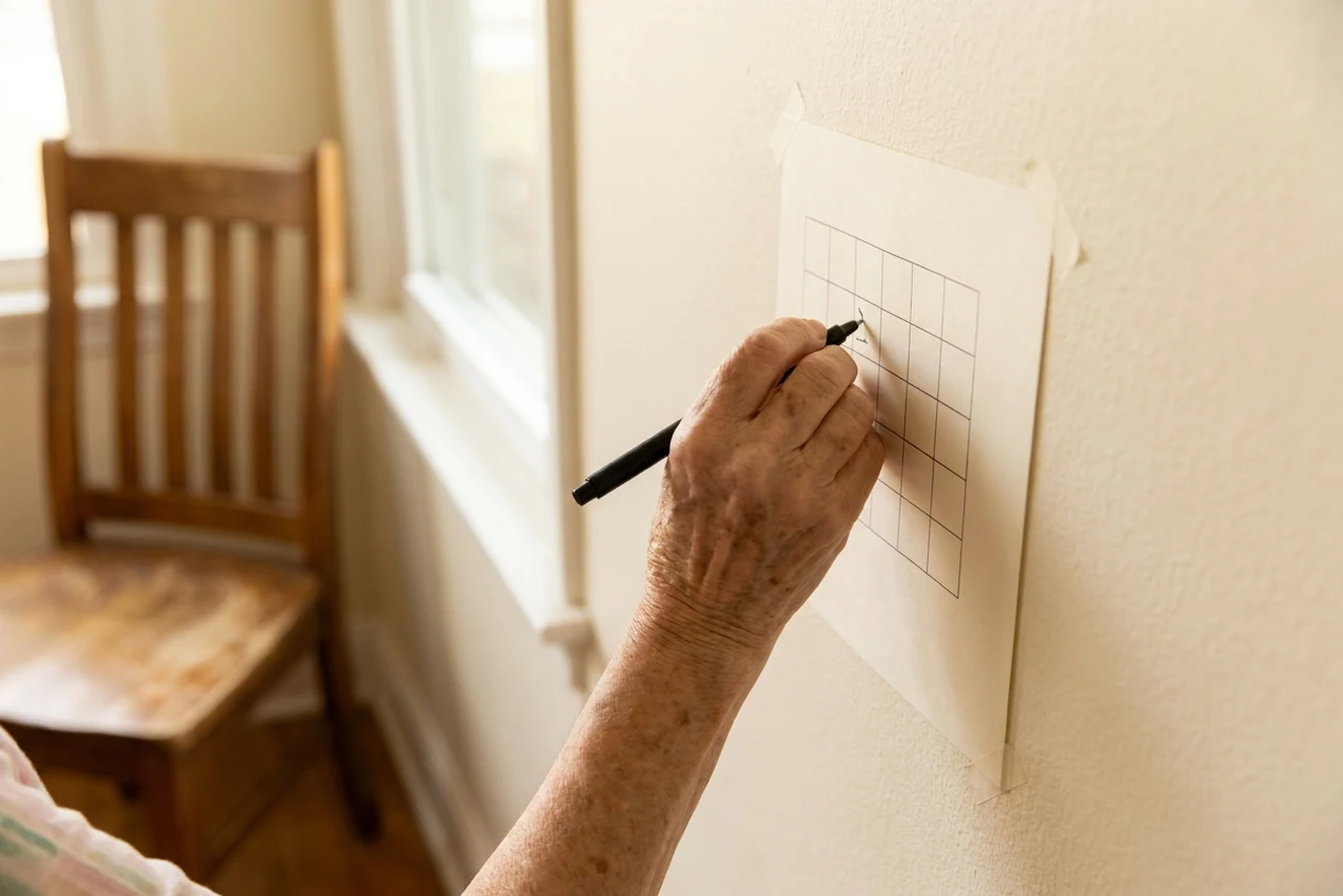 An older woman's hand marking a day on a printed chart taped beside a chair