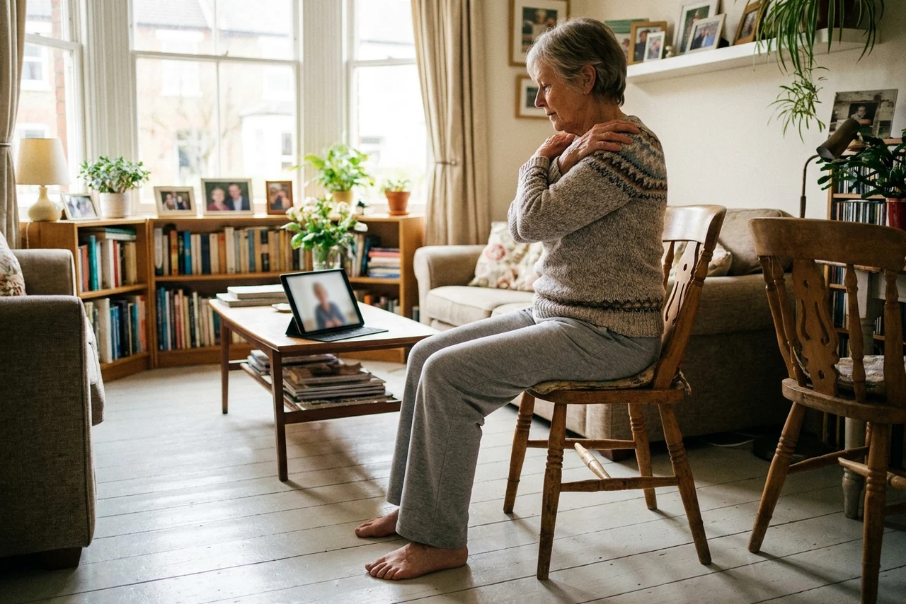 An older woman seated on a dining chair in her living room, following a gentle exercise video on a tablet propped on a low table in front of her