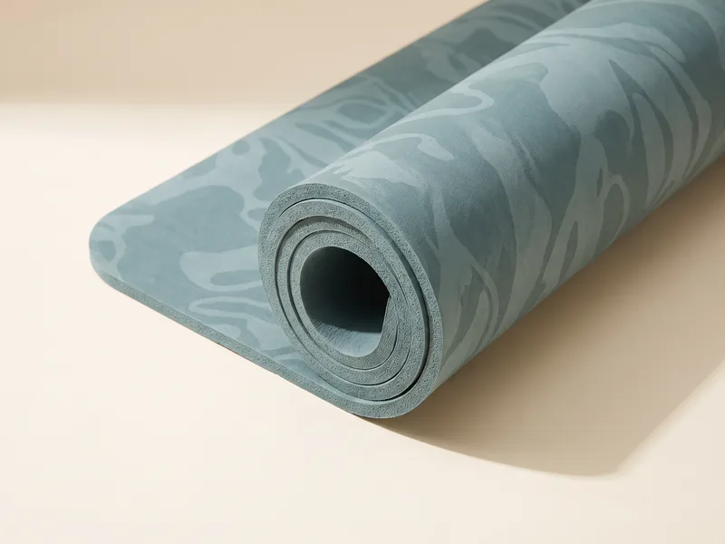 A cushioned patterned yoga mat in muted teal, partly unrolled on a cream backdrop