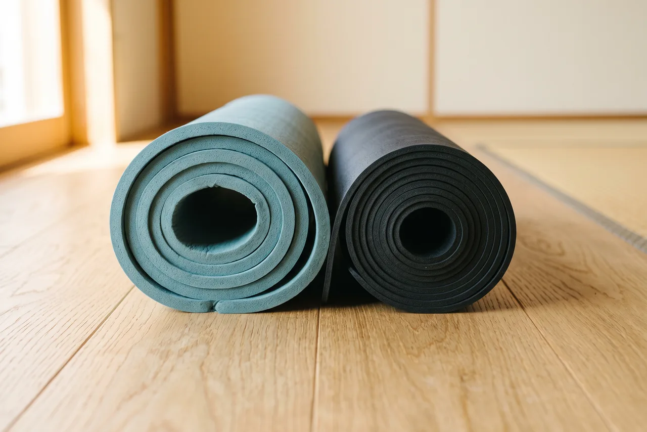 The rolled ends of two yoga mats on a wooden floor, one soft and compressed, one dense and tight