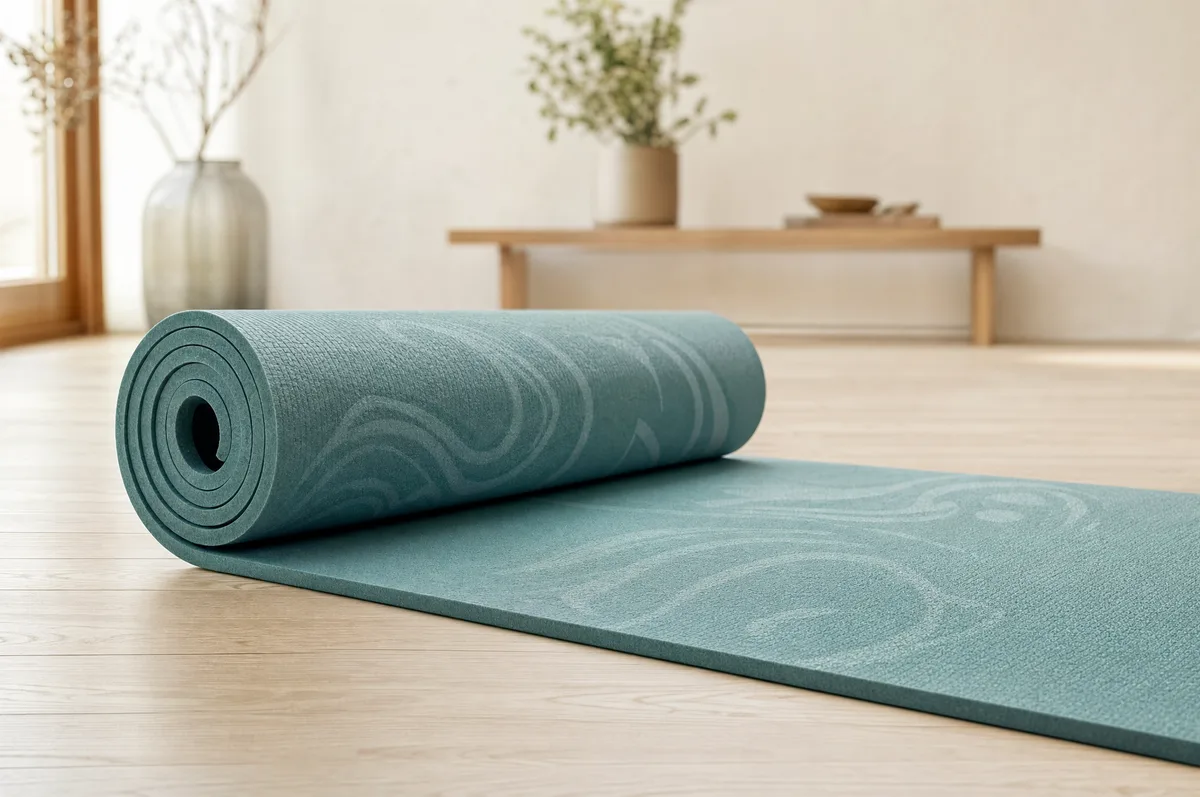 A softly patterned cushioned yoga mat partly unrolled on a wooden studio floor in warm light