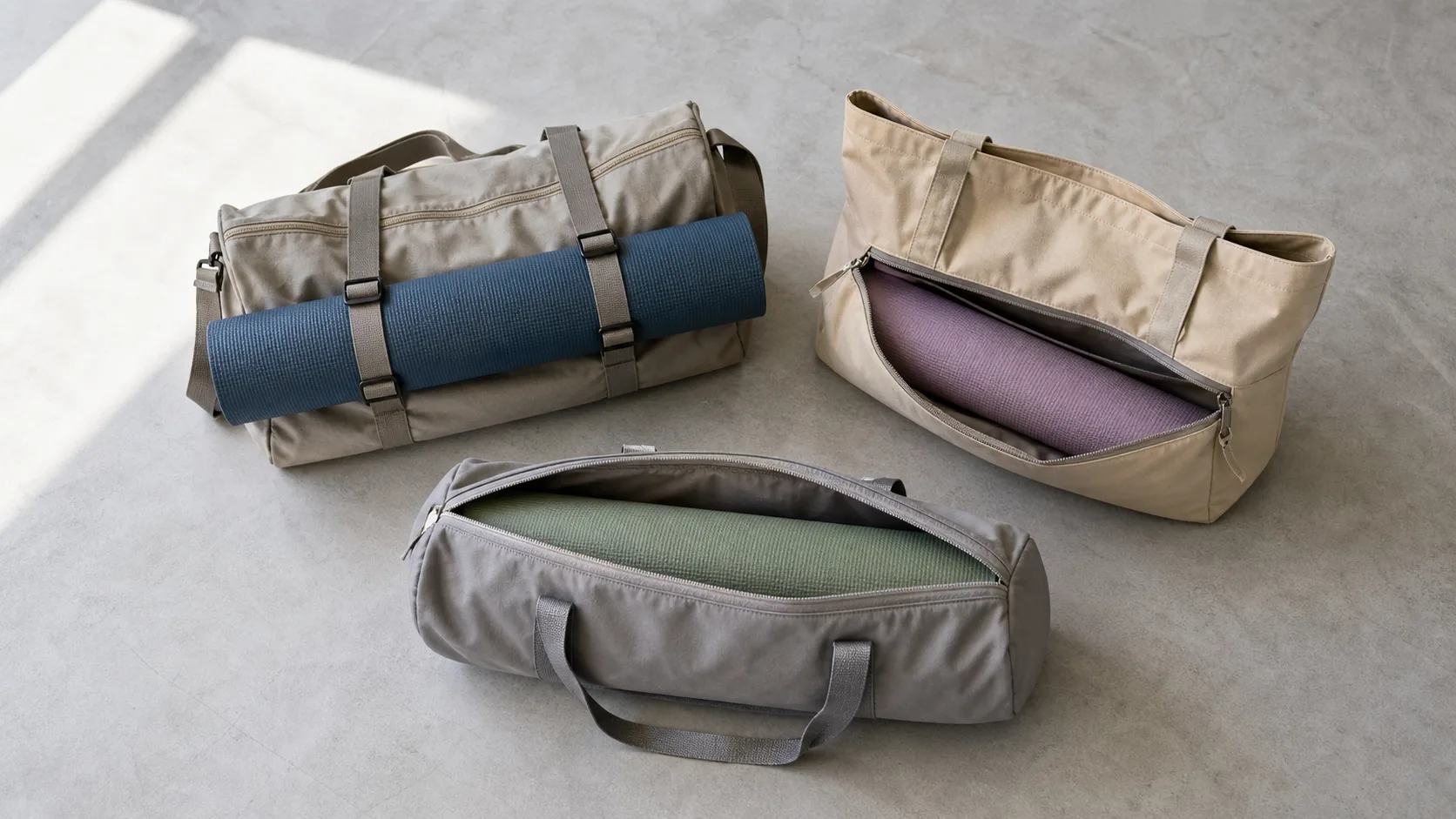 Three unbranded bags showing a yoga mat in two external loops, a zipped front mat sleeve and a long internal duffel compartment