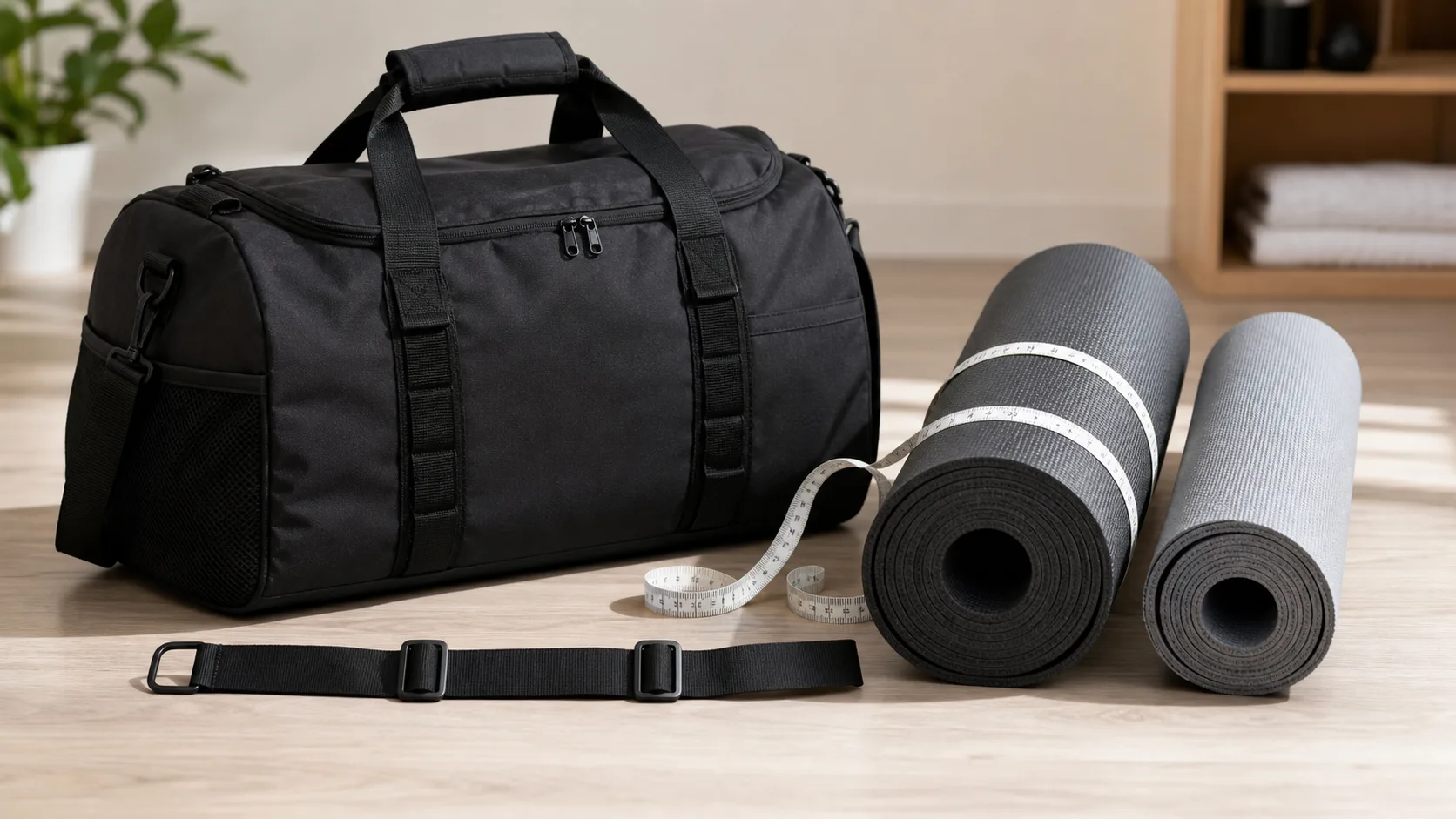 Black gym duffel with adjustable holder webbing beside two yoga mats of different rolled diameters and a measuring tape around the larger roll