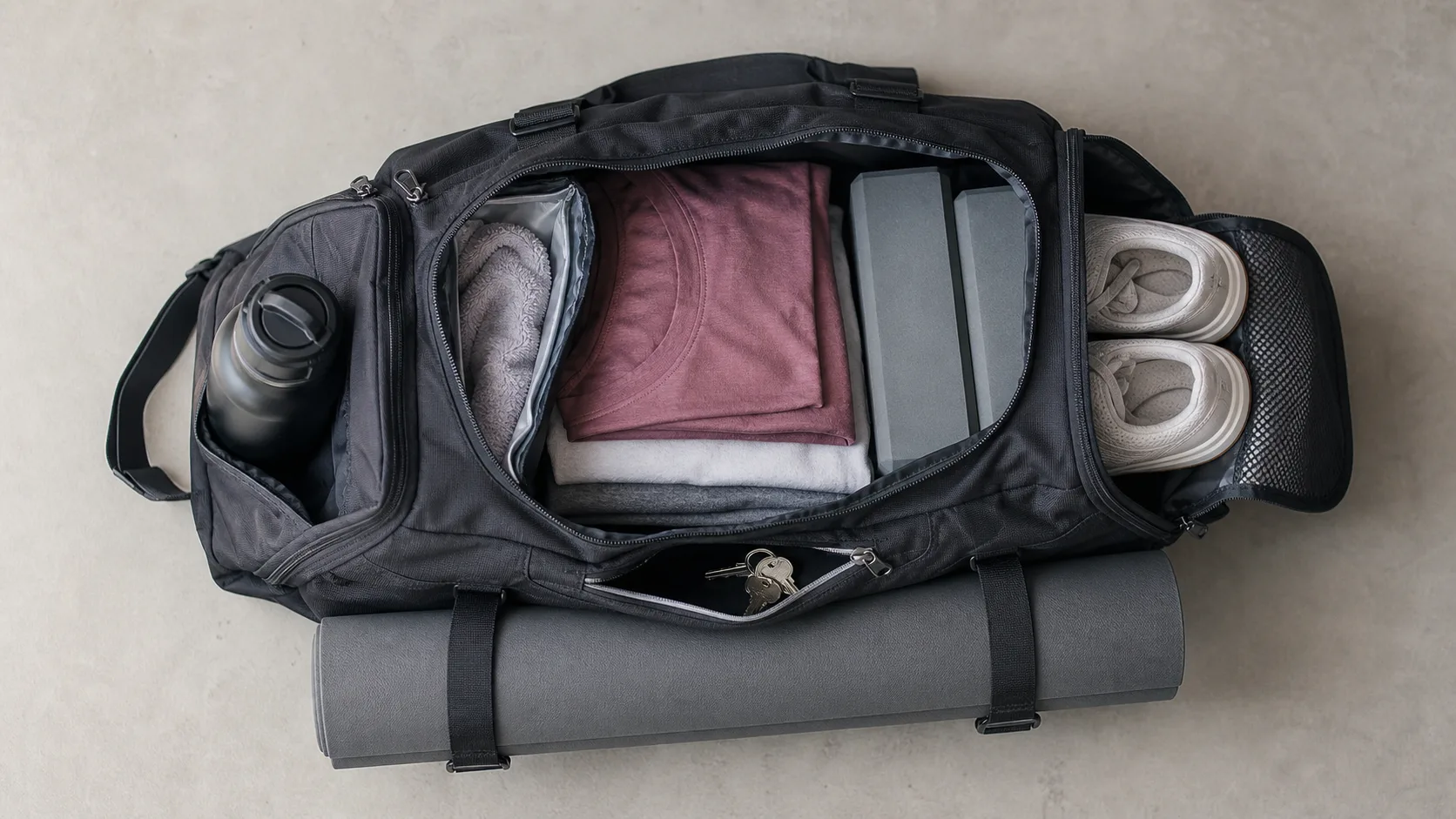 Open black gym duffel with clean clothes and blocks in the center, shoes in a separate end compartment, towel in a lined pocket, bottle and keys in dedicated pockets, and a mat strapped outside