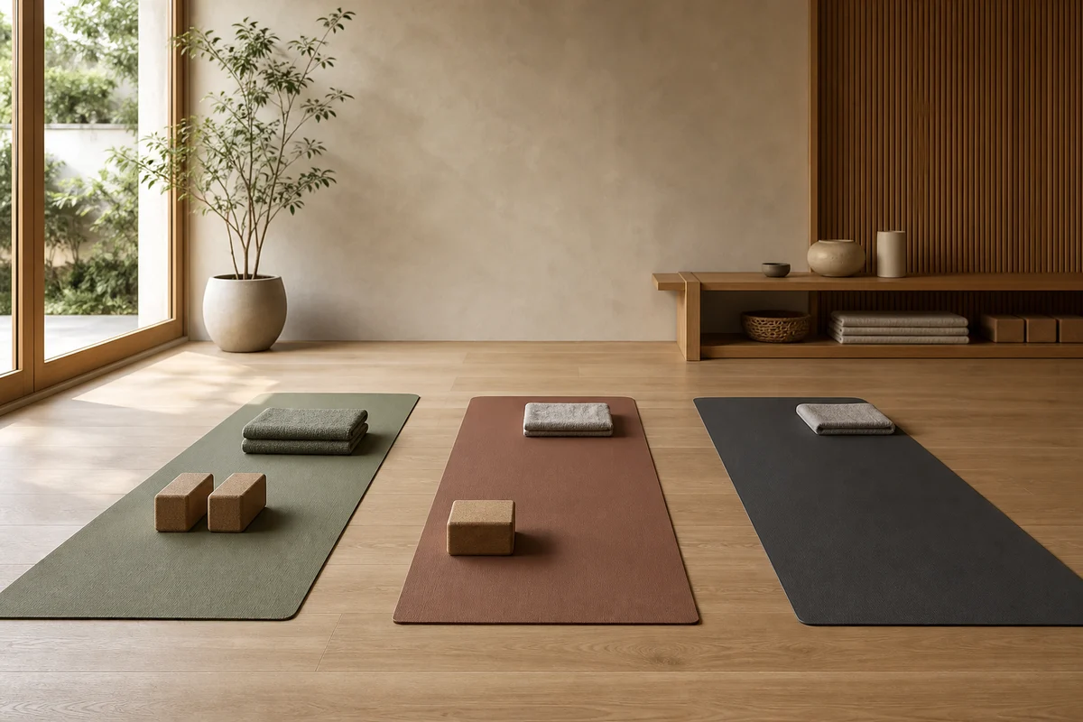 Three yoga mats with decreasing amounts of supportive props, representing beginner, moderate and faster class levels