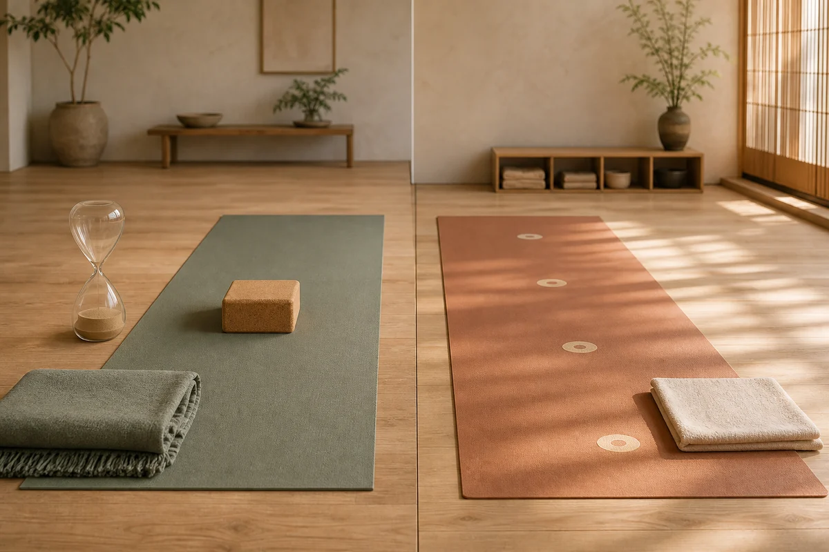 Two yoga mats arranged side by side, one with a block, blanket and hourglass for longer pauses and one with repeated floor markers for flowing movement