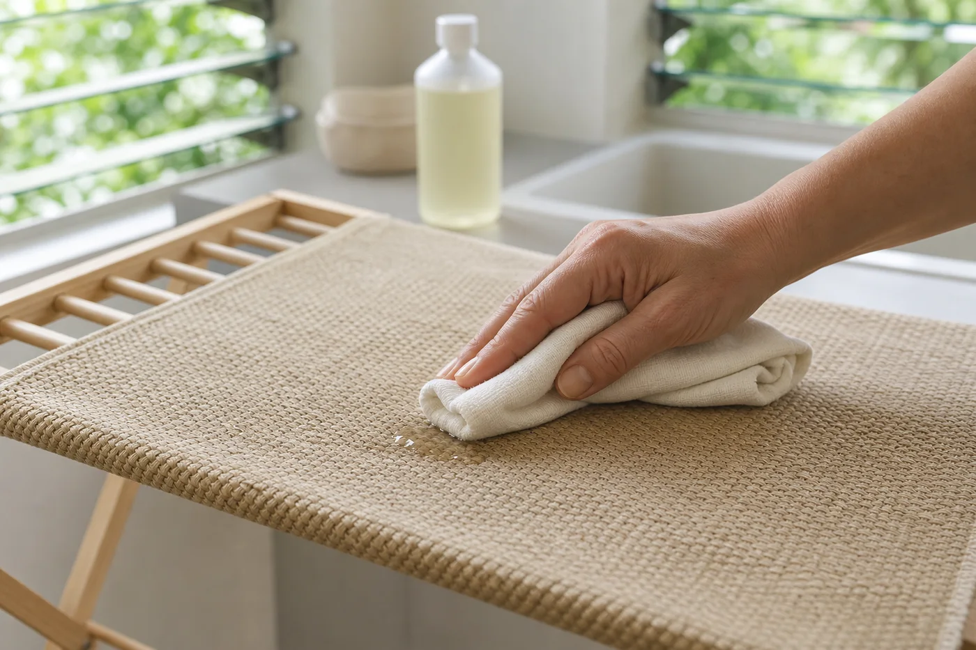 Hand gently blotting a small spill from a woven hemp surface with an undyed cloth while the mat rests open on a drying rack