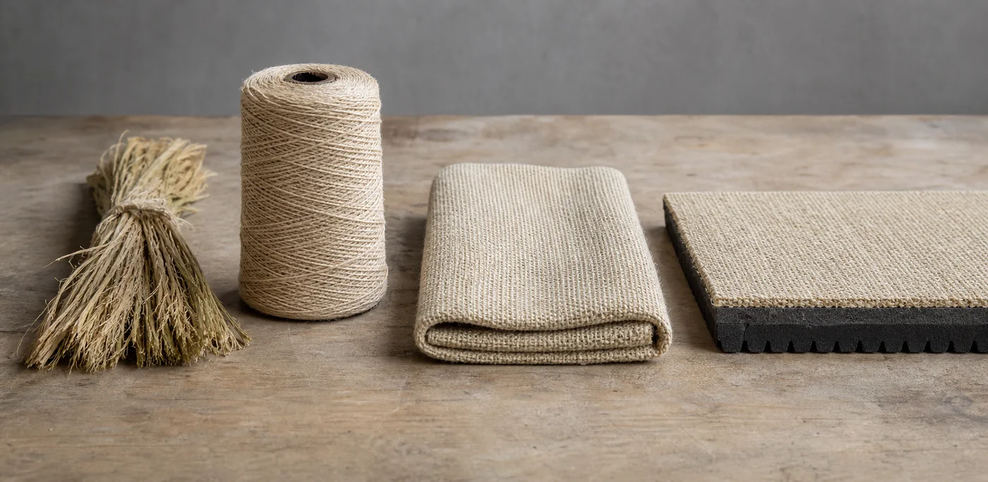 Material study showing raw hemp stalk fiber, spun yarn, woven cloth and a hemp-faced composite mat sample from left to right
