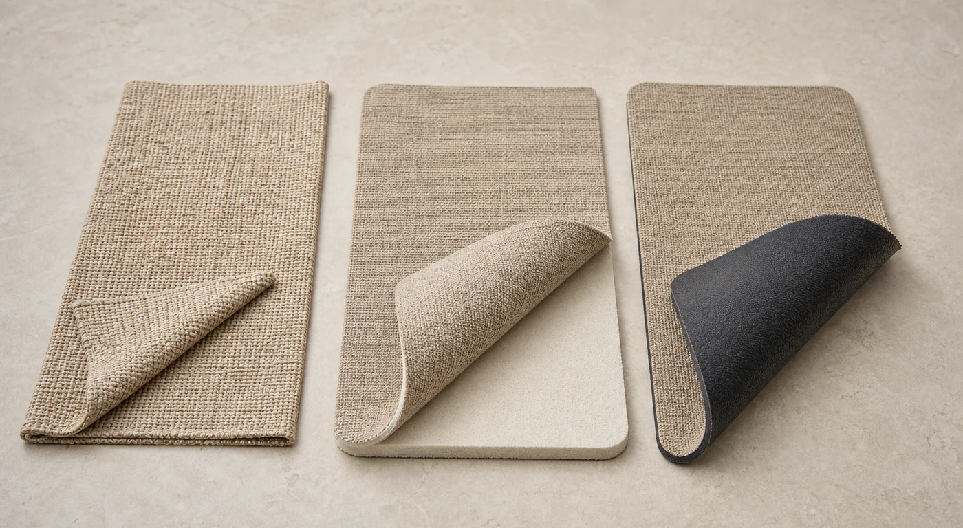 Three photographed hemp-surface constructions: a folded woven rug, a pale foam-backed mat and a dark rubber-backed mat