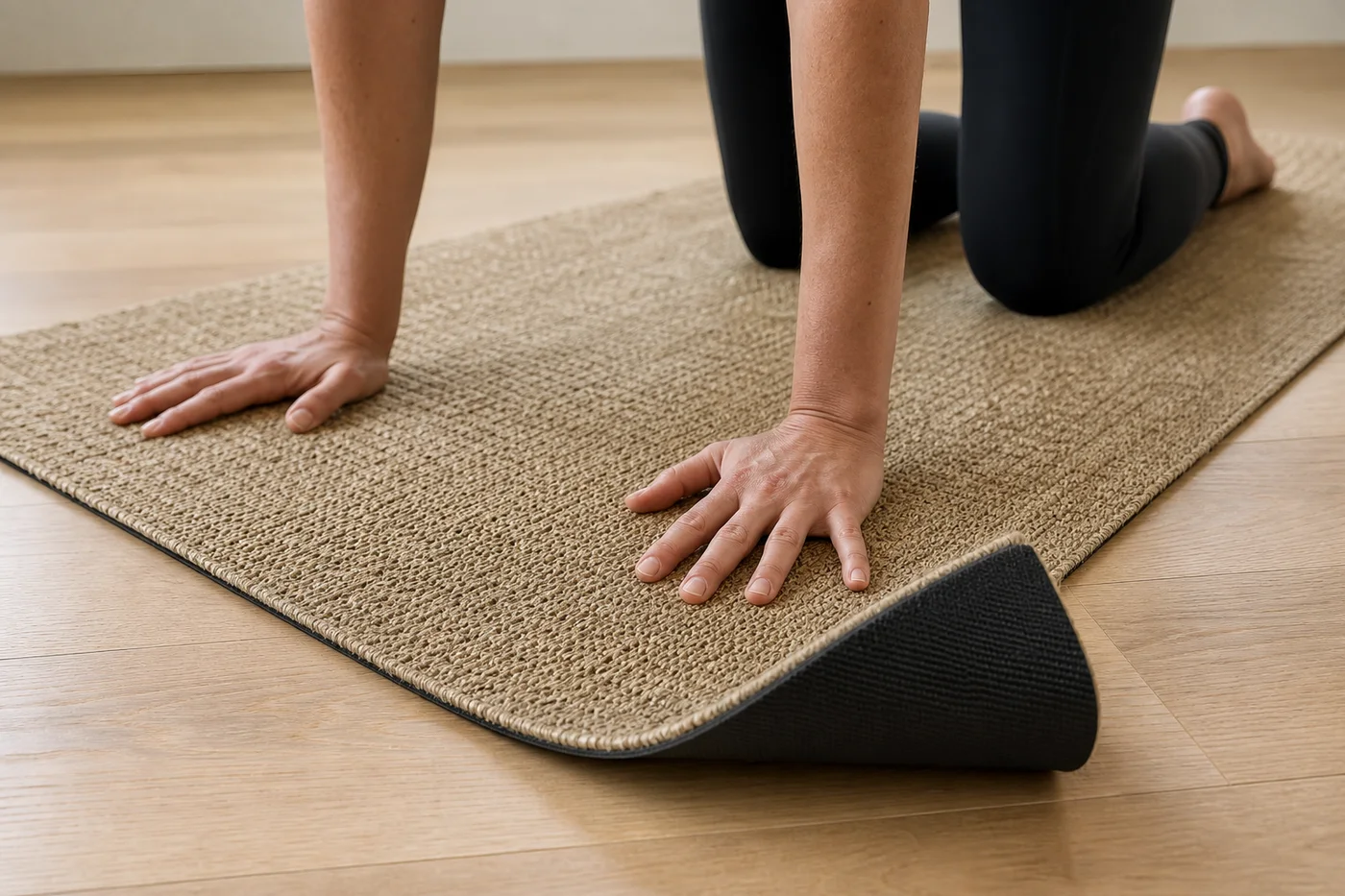 Close photograph of hands pressing into a woven hemp mat while a lifted corner reveals its dark textured underside on a wood floor