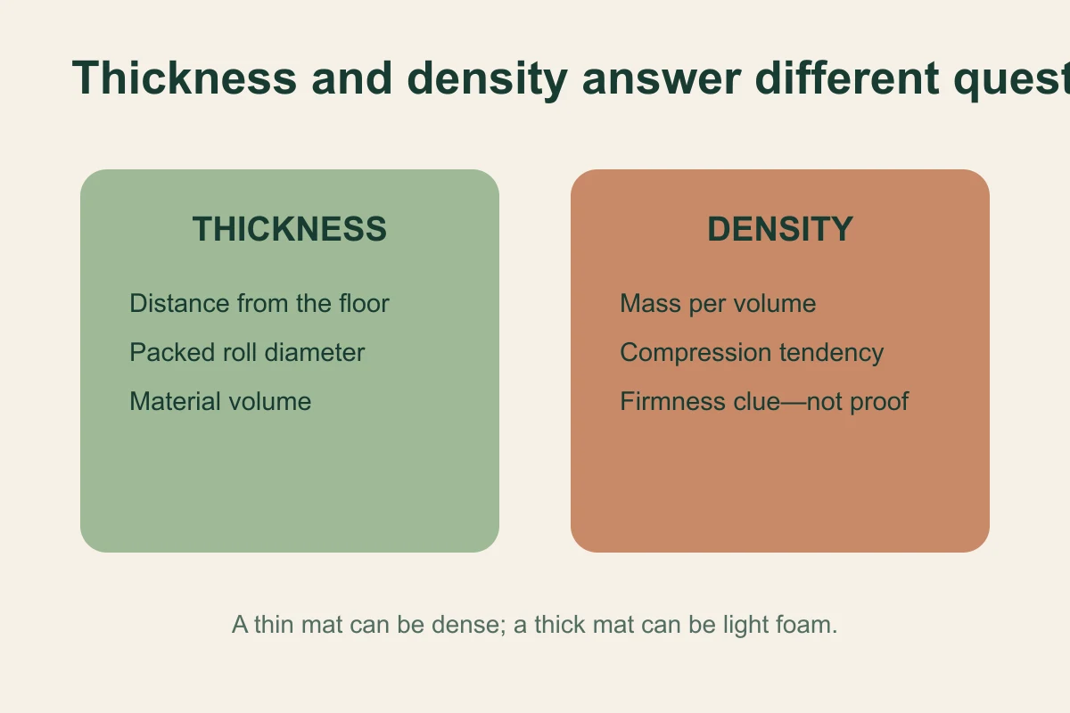 Two panels separating yoga mat thickness from density and listing the different questions each measurement answers